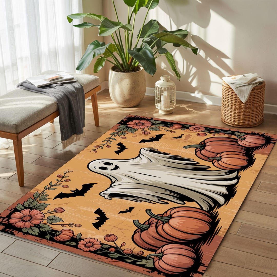Cute Ghost Rug, Kids Halloween Mat, Nursery Pumpkin Carpet, Smiling ...