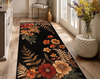 Dark Floral Runner Rug, Autumn Botanical Design on Black Background, Elegant Vintage Hallway Decor