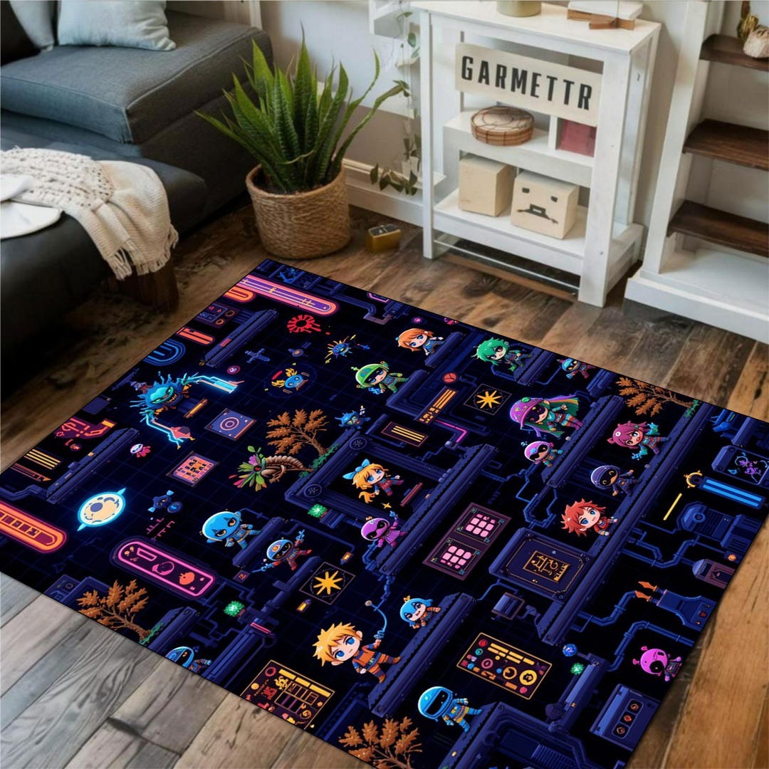 Arcade Rug Texture Seem Less Pixel Game Rug: Neon Arcade Design, Washable Gaming Carpet - Etsy