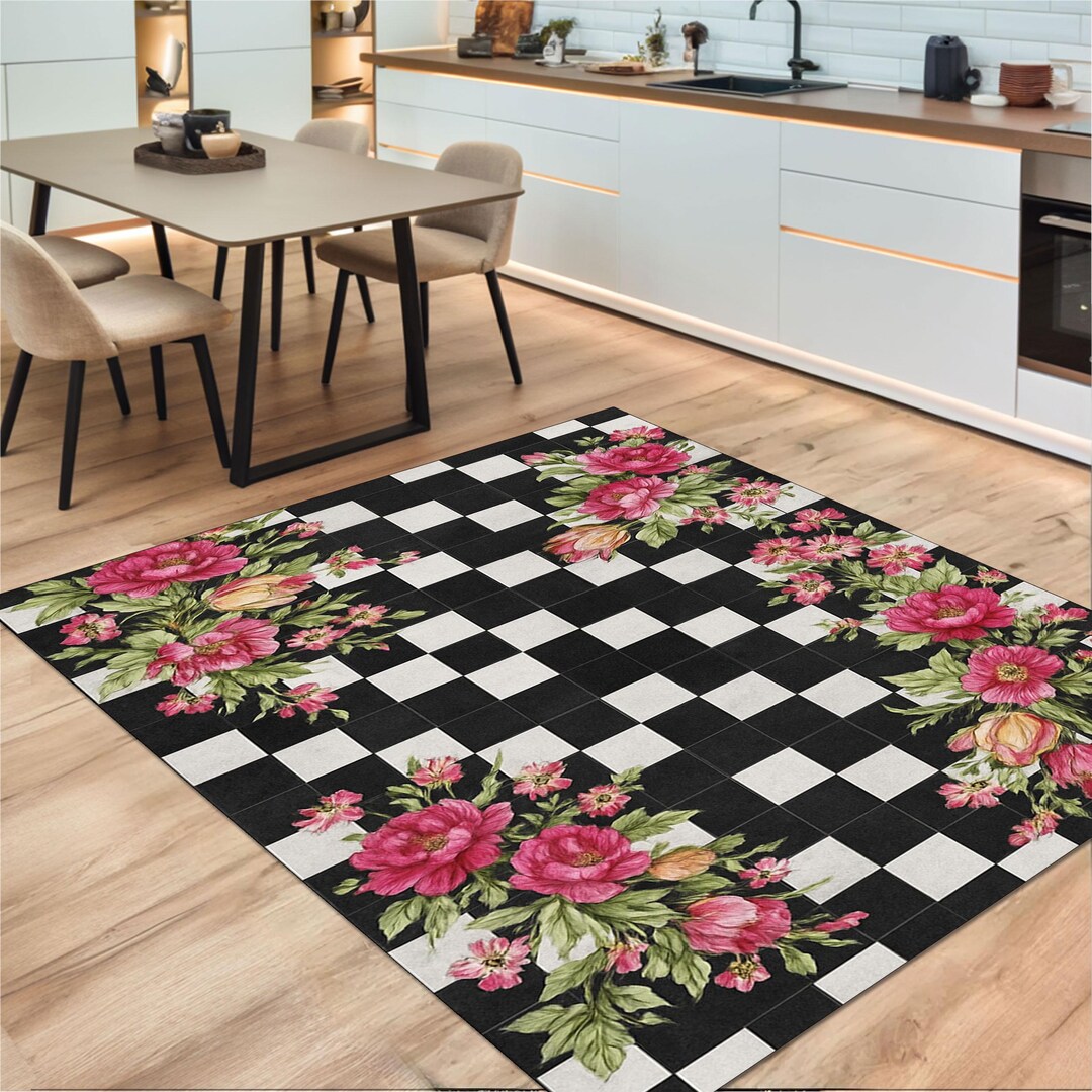 Floral Checkered Rug: Pink Roses, Tulips, Black & White Washable Carpet ...