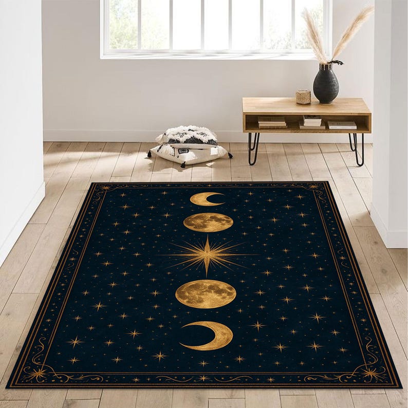 Gold Moon Phase Rug, Celestial Rug, Starry Sky Carpet, Boho Bedroom Mat ...