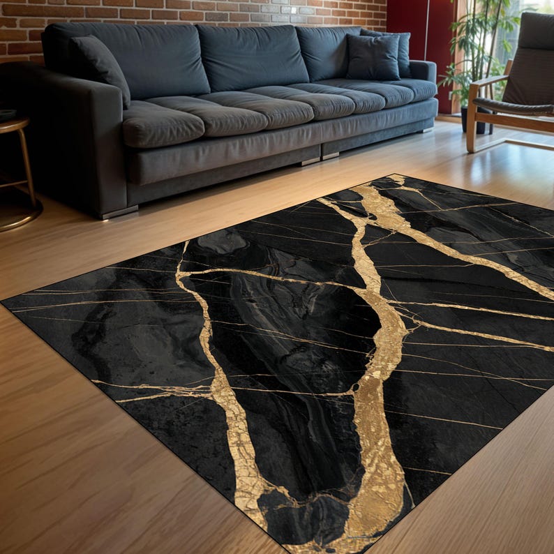 Fancy Gold Rug Modern Black Gold Marble Rug, Luxury Gold Veins Rug, Elegant Modern ...