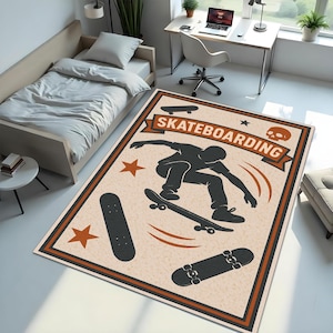 Skater Rug, Teen Room Carpet, Skateboarding Decor Mat, Skateboard Themed Rug, Urban Cool Room Rug, Sport Decor Carpet, Skater Silhouette Mat