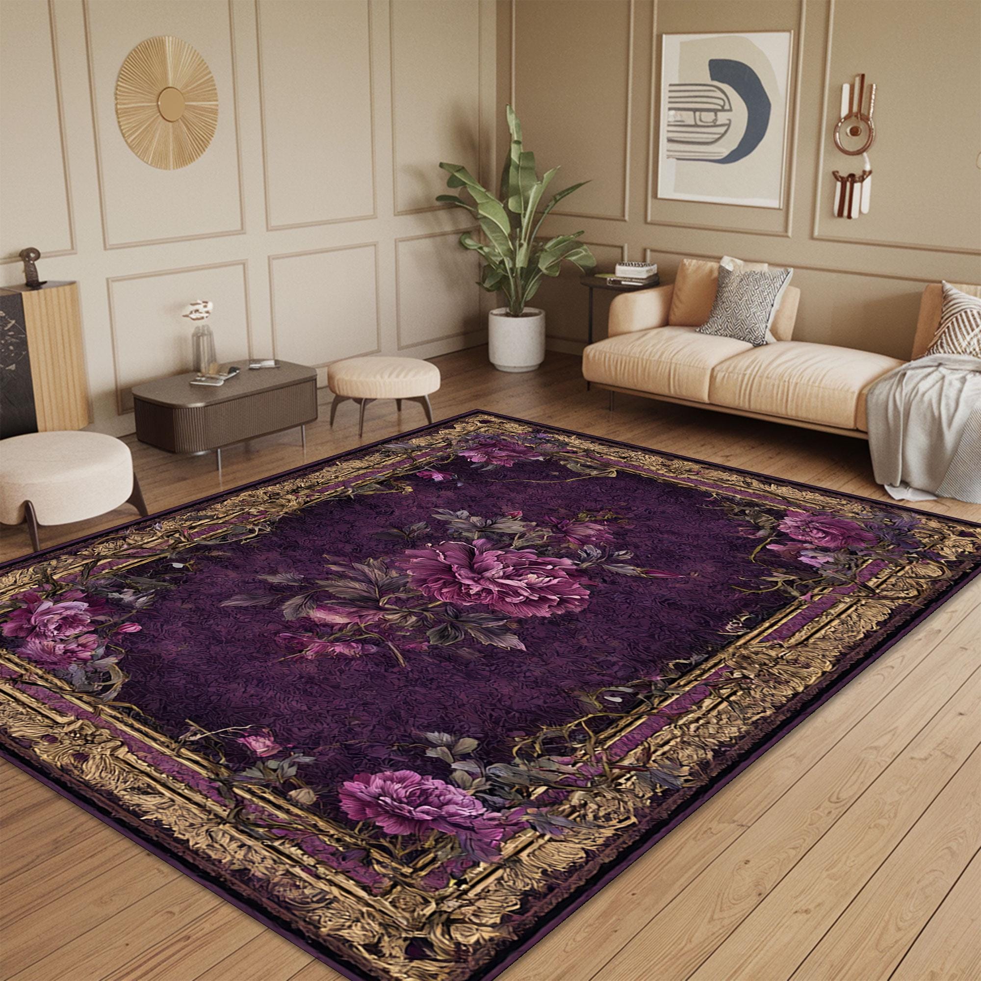 ラグ・カーペット ONEMURUG Carving logo rug purple Purple Baroque Rose Rug: Gold Ornamental Frame, Elegant Floral