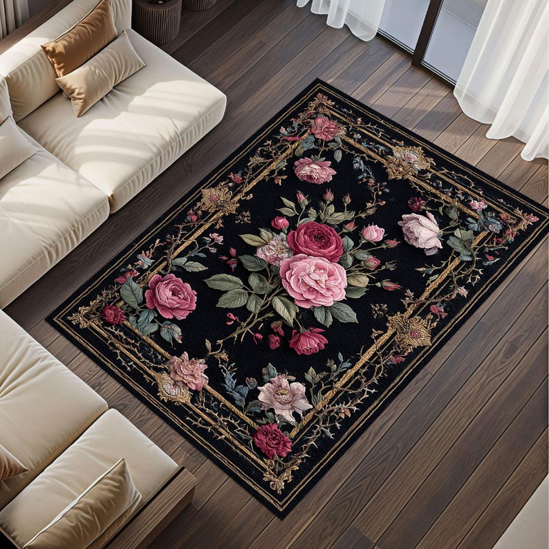 Black Rose Rug Floral Carpet, Elegant Botanical Area Rug for Bedroom ...