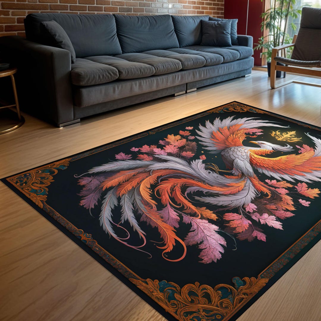 Fire Rugs Custom Art Deco Phoenix Rug, Anthurium Dark Phoenix, Washable Fire Design Rug ...