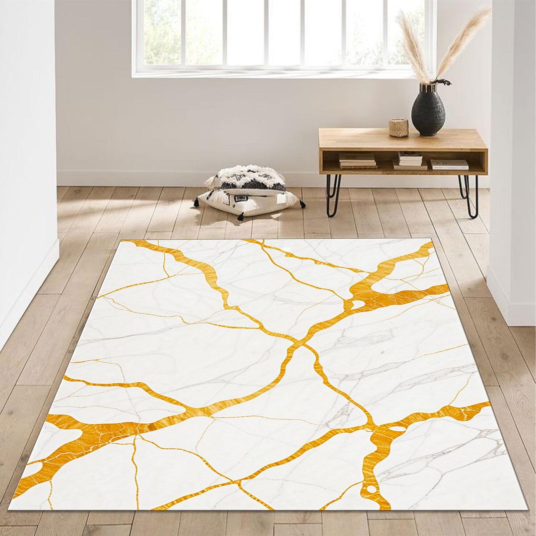 White Marble Rug With Gold Vein Pattern, Elegant Luxury Carpet for ...