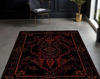 Gothic Baroque Rug: Mystic Celestial Star, Black & Red, Washable