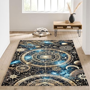 Himmlischer Astrologie-Teppich mit goldenem Sternzeichenrad und kosmischer Sternenkarte, elegantes, vom Universum inspiriertes Teppichdekor für spirituellen oder Horoskopraum