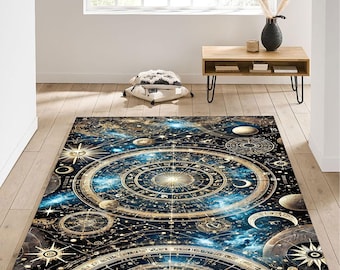 Celestial Astrology Rug With Gold Zodiac Wheel And Cosmic Star Map, Elegant Universe-Inspired Rug Decor For Spiritual Or Horoscope Room