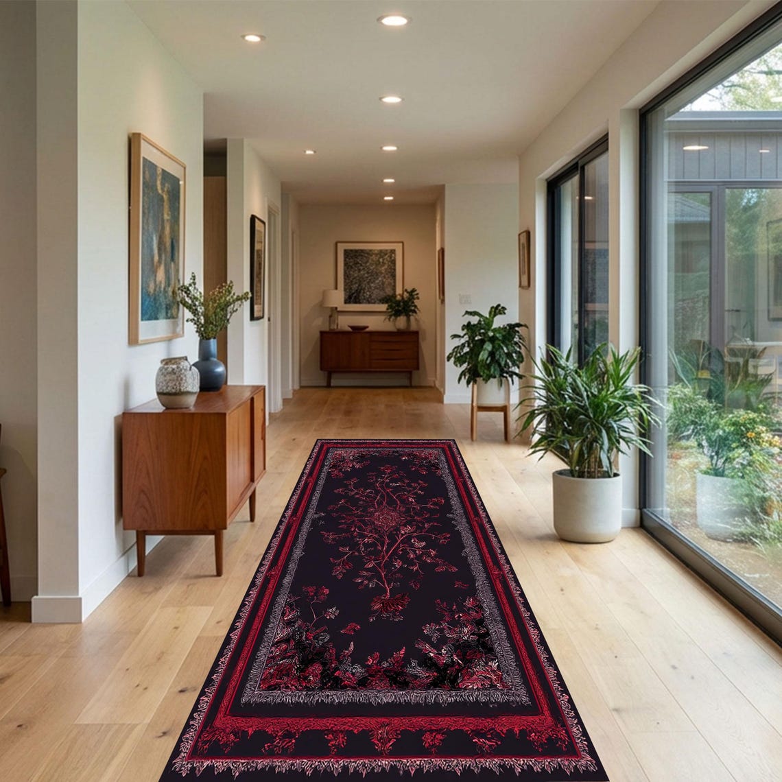 Dark Red Gothic Botanical Runner Rug Carpet, Romantic Floral Long Area ...