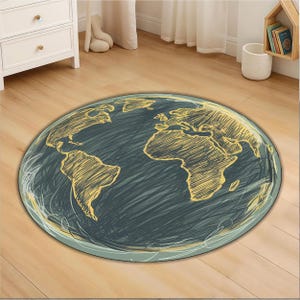 Tapis rond à croquis de globe terrestre pour enfants et maison - Tapis carte du monde dessinée à la main avec style artistique, tapis de sol éducatif et décoratif