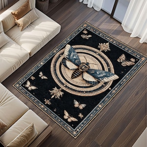 Botanical Butterfly Rug Moth Carpet Dark Floral Area Rug Vintage Insect Design Non Slip Washable Nature Decor Rug For Living Room Bedroom