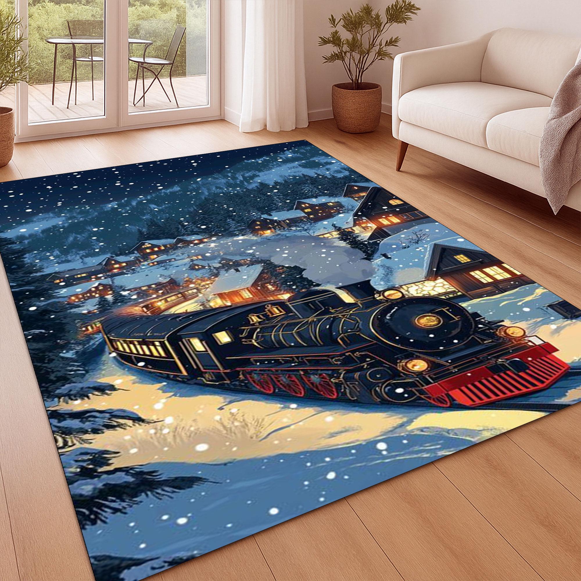 Christmas Train Rug, Snowy Winter Village Carpet, Holiday Seasonal