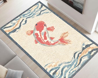 Outdoor Rug Koi Fish Mosaic Carpet for Patio Deck and Garden, Coastal Water Theme Area Rug, Durable Weather Resistant Floor Decor