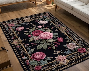 Black Rose Rug Floral Carpet, Elegant Botanical Area Rug for Bedroom and Living Room, Dark Romantic Floral Style Home Decor