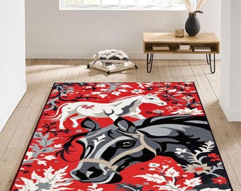 Rustic Horse Rug – Boho Horse Rug | Elegant Stallion Home Rug, Equestrian Style Floor Mat, Bohemian Country Ranch Decor, Western Room Accent
