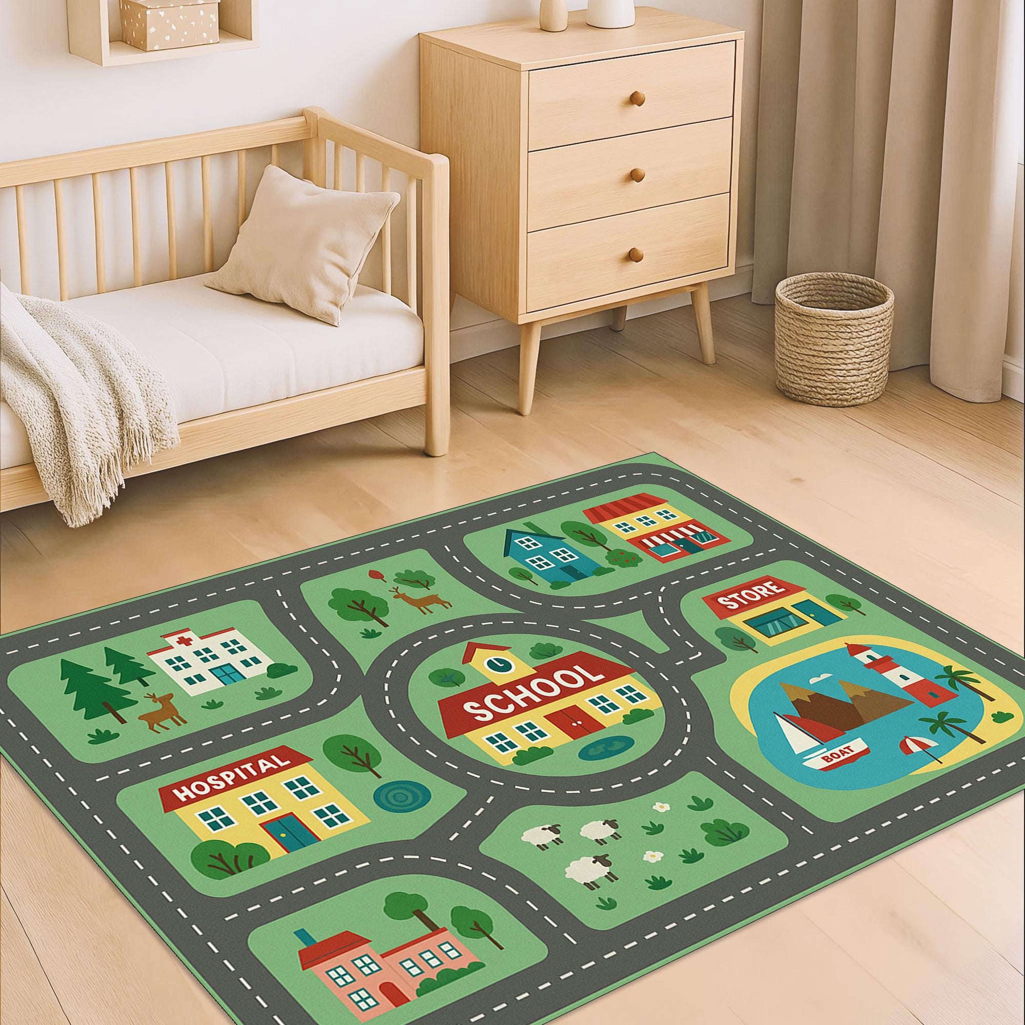 City Play Rug, Kids Map Carpet, Road Map Play Mat, Urban Playroom Rug ...