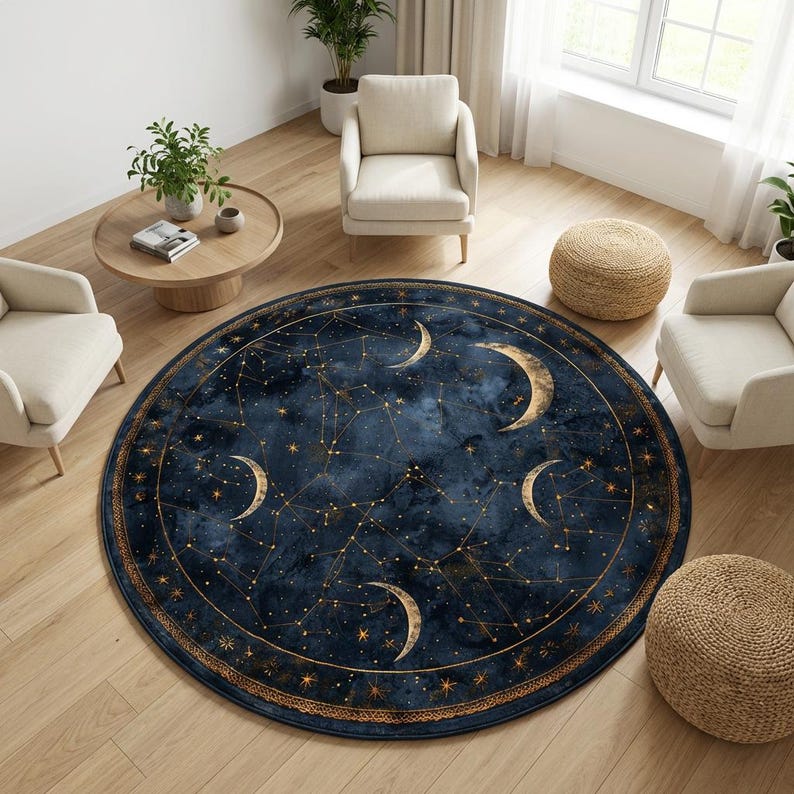 Astral Rug Pattern Round Celestial Moon Rug, Zodiac Star Map Area Rug, Navy Blue Astrology ...