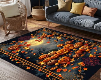 Pumpkin Rug, Halloween Carpet, Moonlight Fall Rug, Glowing Lantern Mat, Autumn Decor Rug, Cozy Entry Mat, Fall Leaf Carpet, Spooky Floor Rug