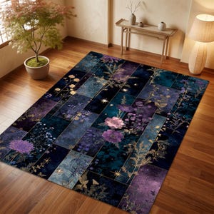 Dark Botanical Patchwork Rug, Celestial Wildflower Carpet, Gothic Cottagecore Living Room Decor, Washable Indoor Outdoor Rug