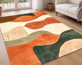 Mid Century Rug Abstract Wave Retro Area Rug Modern Earth Tone Carpet Living Room Decor