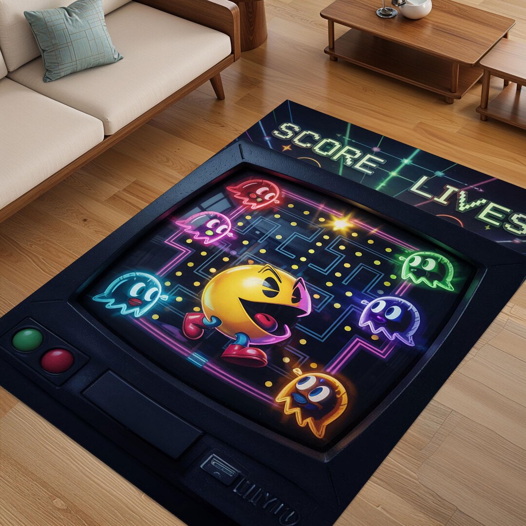 Retro Arcade Style Rug Featuring Neon Man Cave and Ghosts, Bold 80s ...