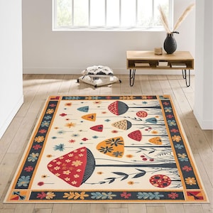 Whimsical Mushroom Rug, Colorful Botanical Floor Mat, Fairycore Home Decor, Nature-Inspired Mushroom Rug, Gift Rug for Nature & Boho Lovers