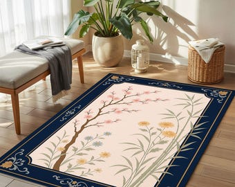 Cherry Blossom Rug, Floral Area Carpet, Japanese Style Rug, Botanical Floor Decor, Bedroom Accent, Soft Print Rug, Elegant Zen Decor
