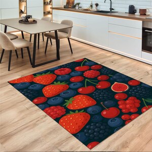 Fruit Pattern Kitchen Rug, Colorful Berries Carpet, Kitchen Floor Mat, Washable Fruit Design Rug, Vibrant Kitchen Decor, Anti-Stain Rug