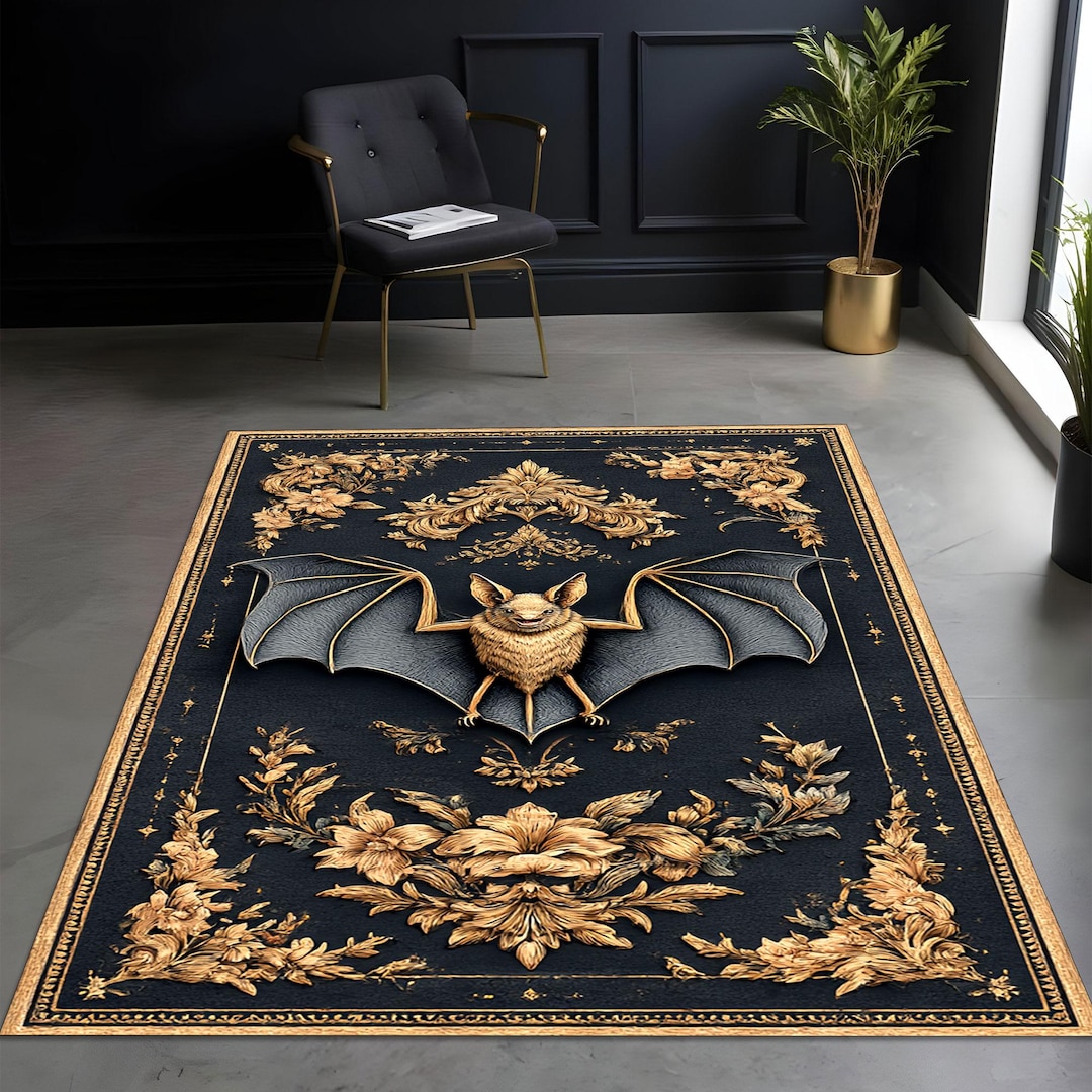 Gothic Bat Area Rug: Black & Gold Baroque Style, Washable Polyester - Etsy