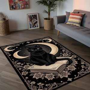 Gothic Cat Rug, Celestial Rug, Moon Carpet, Witchy Home Decor, Mystic Area Rug, Black Floor Rug, Dark Academia Rug, Spellbook Design Rug