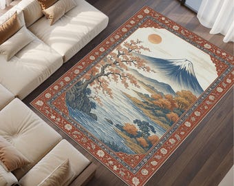 Fuji Mountain Japanese Rug: Cherry Blossom Asian Art Floor Mat