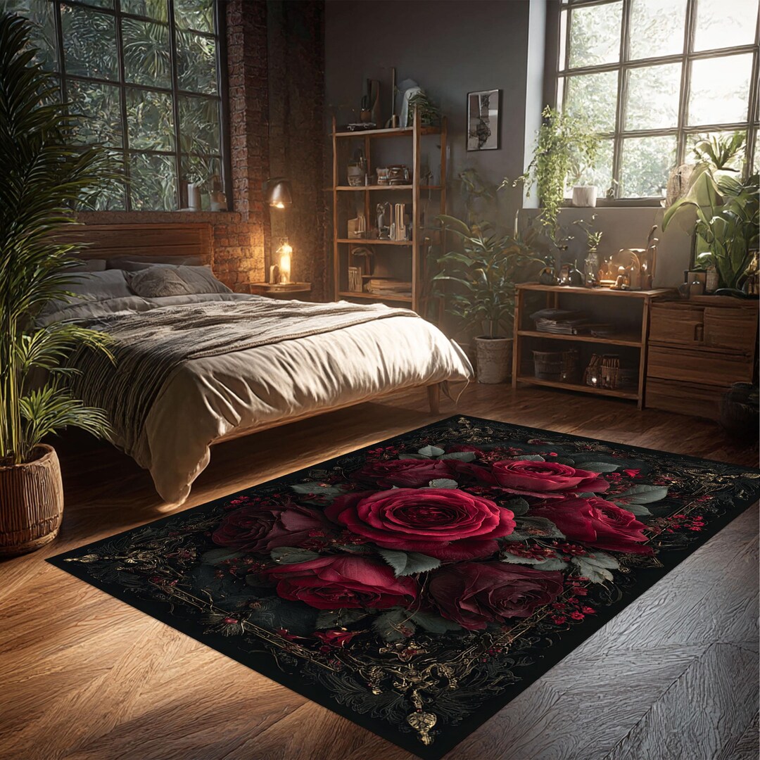 Gothic Red Rose Rug, Dark Floral Area Rug on Black With Ornate Vintage ...