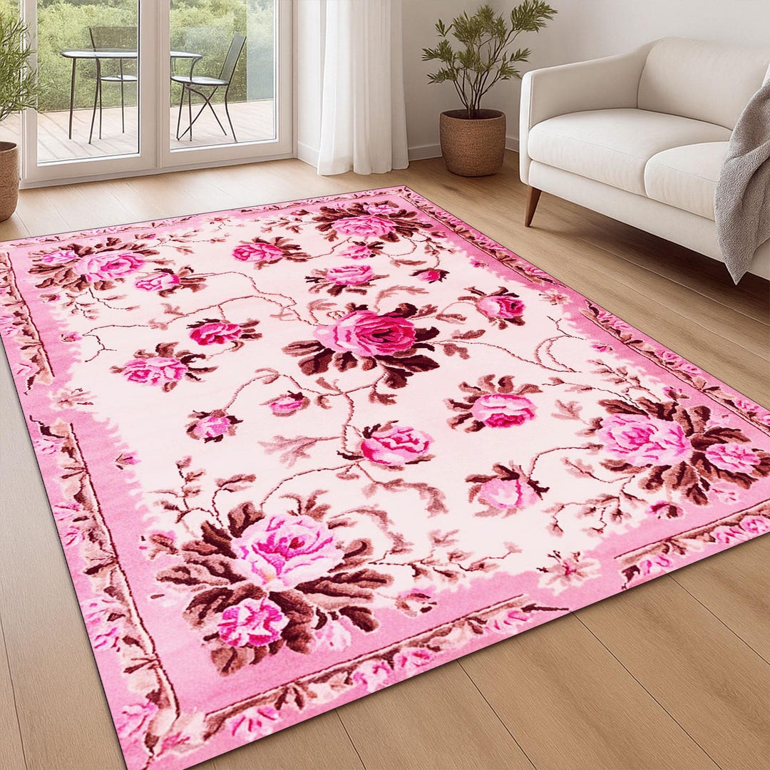 Pink Floral Rug Vintage Rose Pattern, Romantic Flower Area Rug for ...