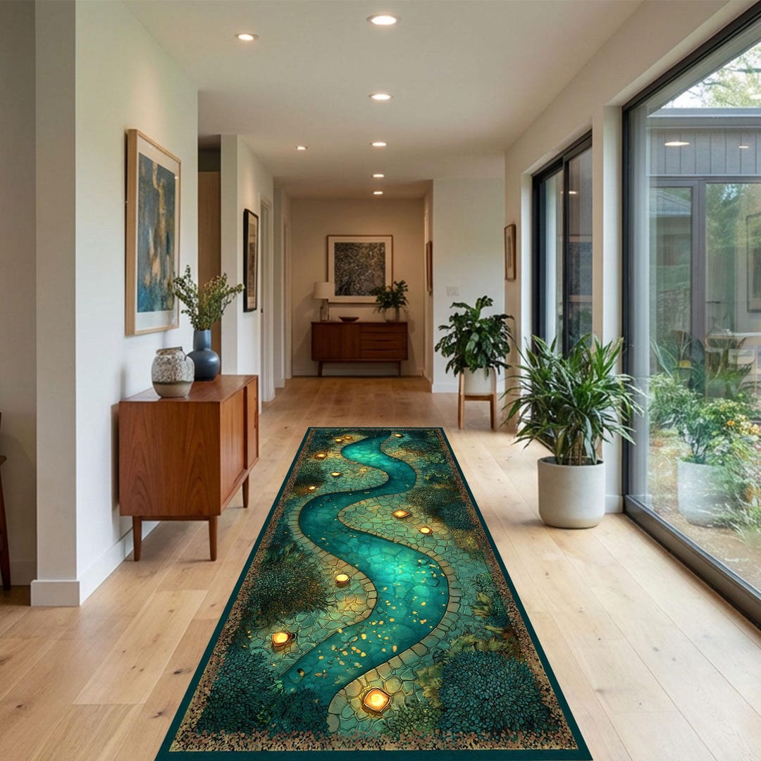 Enchanted Rug Teal Enchanted River Path Runner Rug Carpet, Fantasy Nature Walkway ...