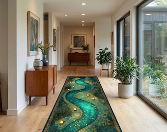 Teal Enchanted River Path Runner Rug Carpet, Fantasy Nature Walkway Long Area Rug for Hallway Entryway Decor
