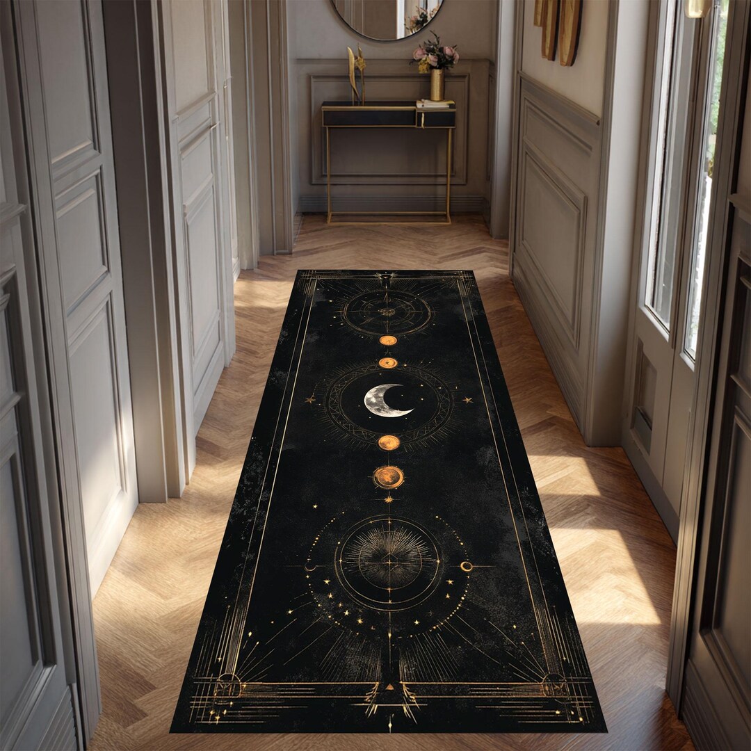 Moon Face Rug Gothic Moon Phase Rug, Black Gold Astrology Rug, Celestial Occult Area ...