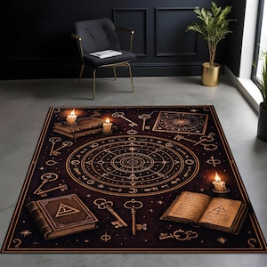 Occult rug, magic circle carpet, alchemy symbols mat, gothic decor rug, dark academia rug, spellbook witch rug, antique keys rug, ritual mat