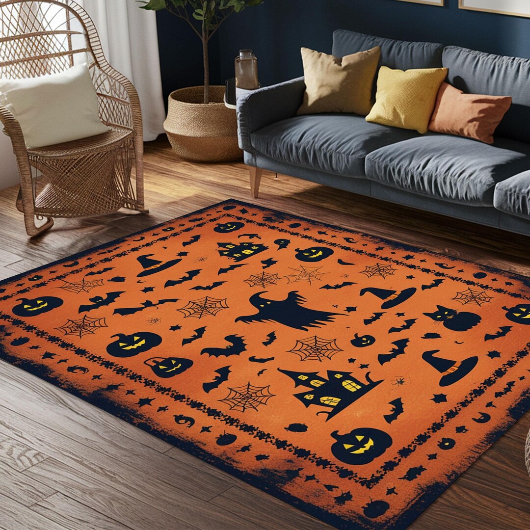 Mini Halloween Rug, Orange Kids Carpet, Pumpkin Ghost Mat, Witch Decor ...