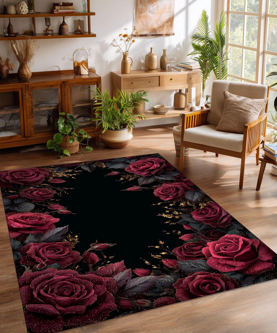 Dark Rose Gothic Floral Rug With Black Center Frame, Romantic Dramatic ...