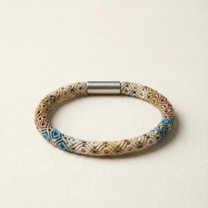 Pulsera de micro macramé tejida a mano con detalles en oro rosa y cierre magnético.