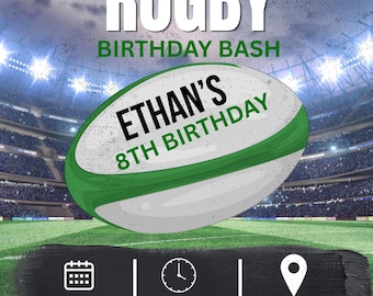 Modèle modifiable d'invitation d'anniversaire de rugby | Faire-part de rugby pour garçons | Modèle de toile d'anniversaire sportif | Invitation rugby imprimable