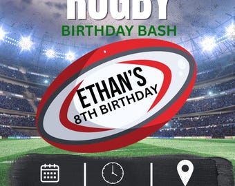 Modèle modifiable d'invitation d'anniversaire de rugby rouge | Faire-part de rugby pour garçons | Modèle de toile d'anniversaire sportif | Invitation rugby imprimable