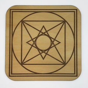May include: A wooden coaster with a geometric design featuring a circle, square, and star shape. The design is laser-etched into the wood.