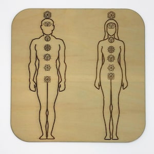 May include: A wooden chart with two figures, one male and one female, showing the seven chakras with their corresponding symbols and colors.