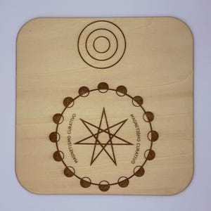 May include: A wooden board with a circle, a star, and the text "Magnetismo Curativo" around the edge.