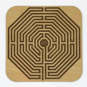 May include: A wooden octagonal labyrinth with a brown wood finish. The labyrinth is designed with a single path that leads to the center.