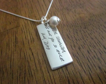 HANDWRITING Medium signature charm adjustable bracelet in .925 sterling silver with angel wing /& pearl