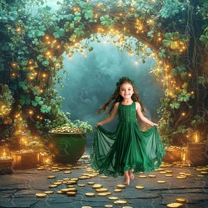 May include: A young person in a green dress and floral crown stands in a magical forest setting. The scene includes a pot of gold, golden coins, and a glowing archway with fairy lights, evoking a St. Patrick's Day theme.